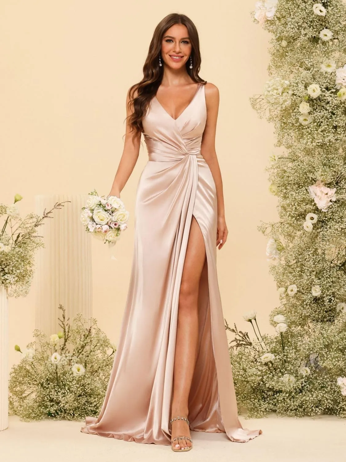 YMSHA Women's V Neck Bridesmaid Dresses with Slit Ruched Waist Satin Pleated Formal Party Dress YMS277