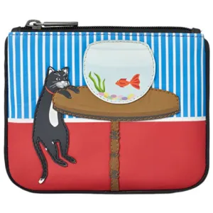 Yoshi Cat And Fish Black Leather Zip Top Purse