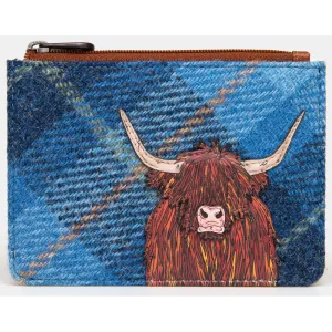Yoshi Highland Cow Blue Harris Tweed Zip Top Leather Purse