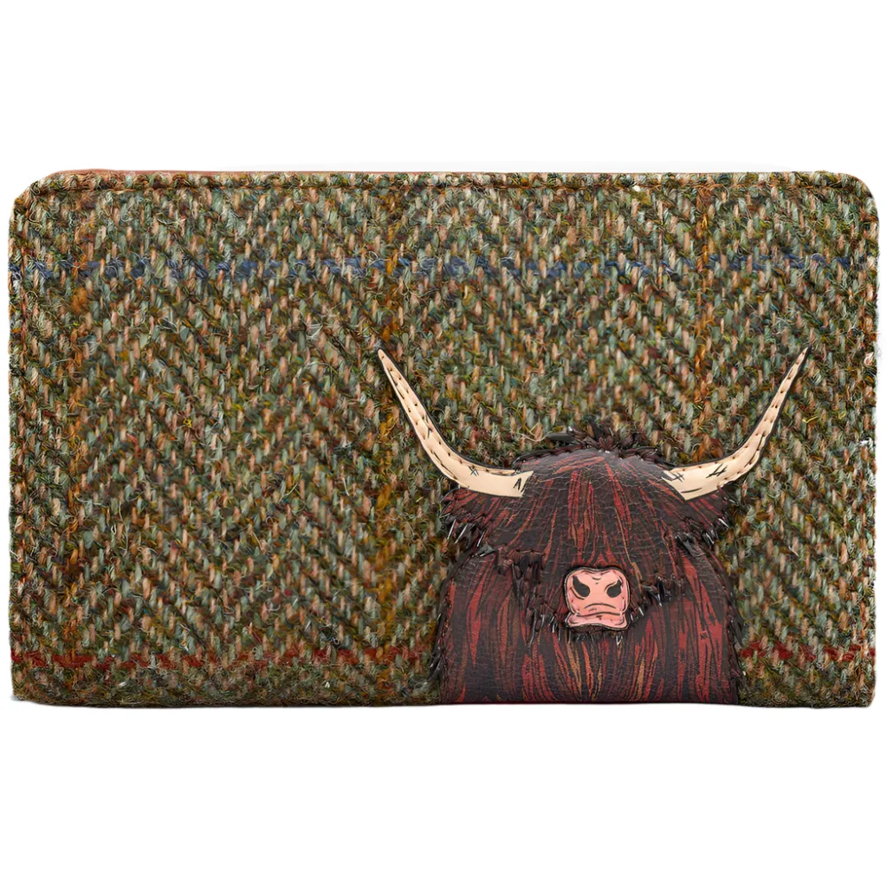 Yoshi Highland Cow Zip Around Tweed Leather Purse