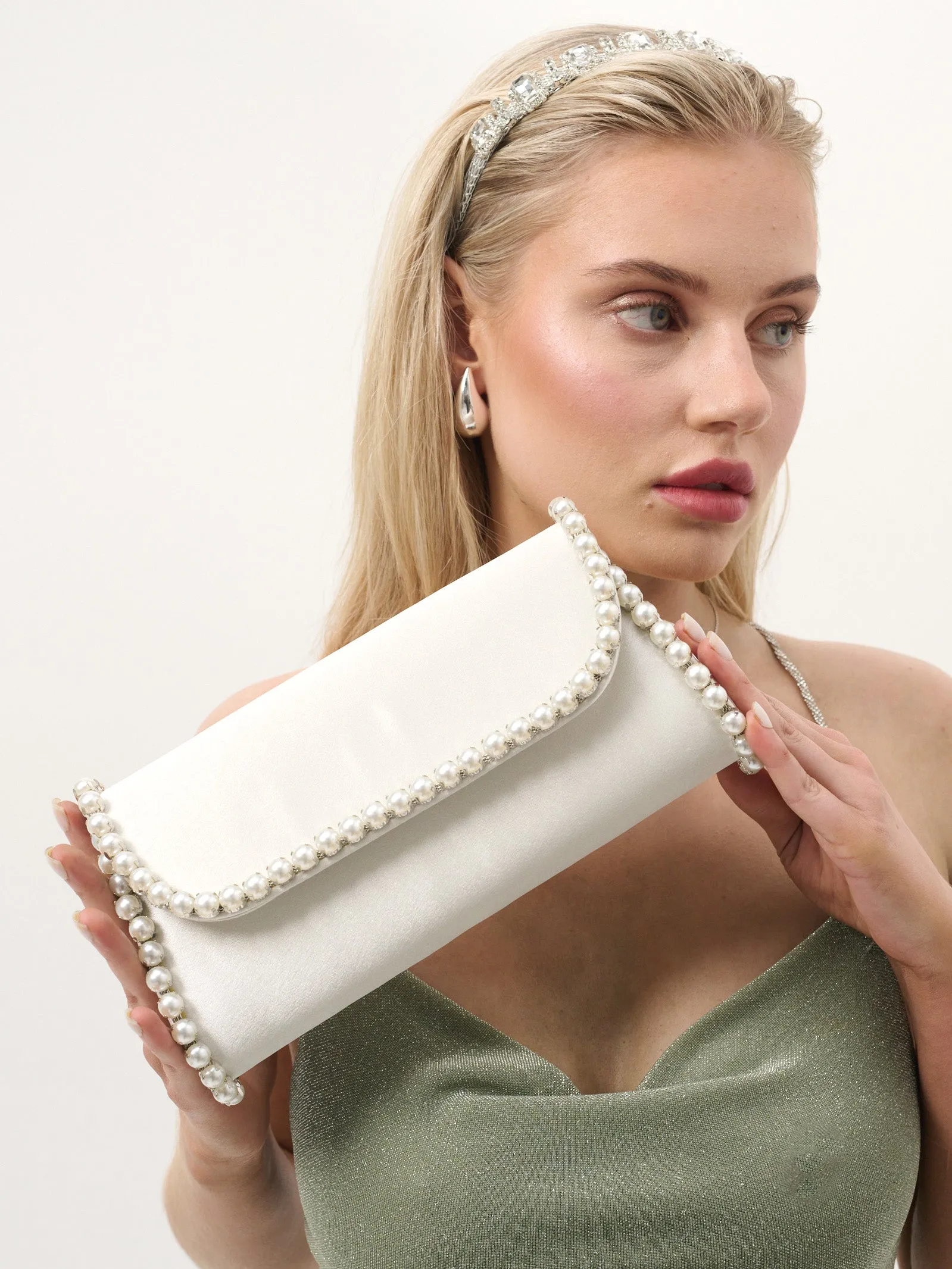 Yvette Pearl Trim Clutch Bag in White
