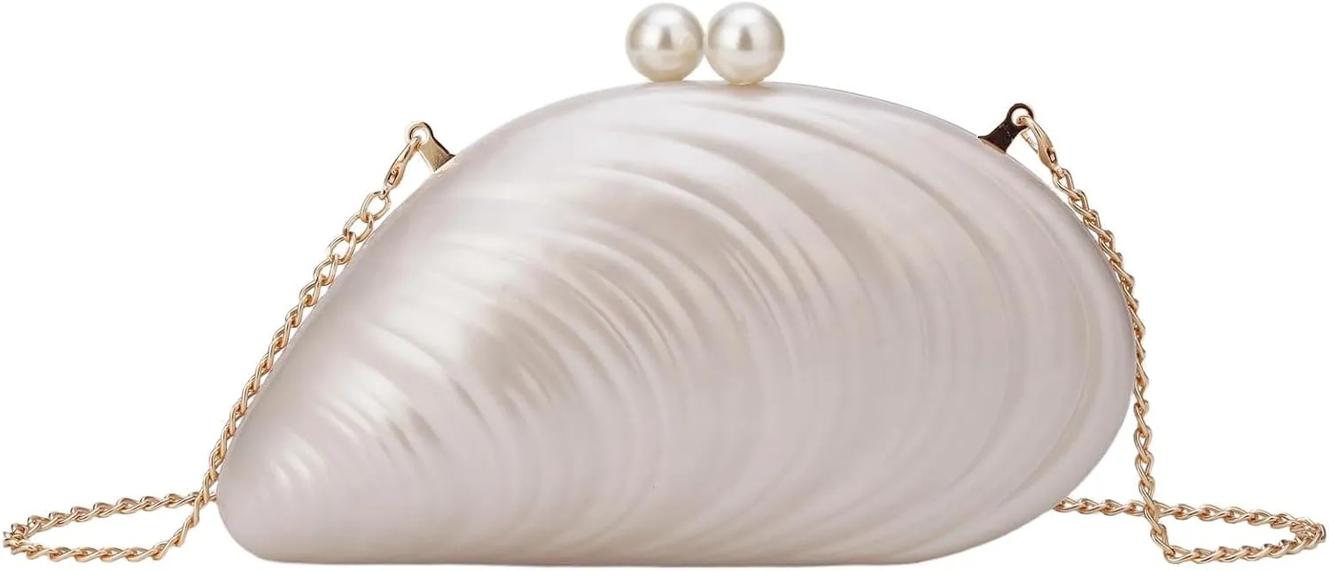 YYW Acrylic Evening Clutch Purses for Women Shell Marble Handbag Shoulder Bag with Pearl for Wedding Party Prom