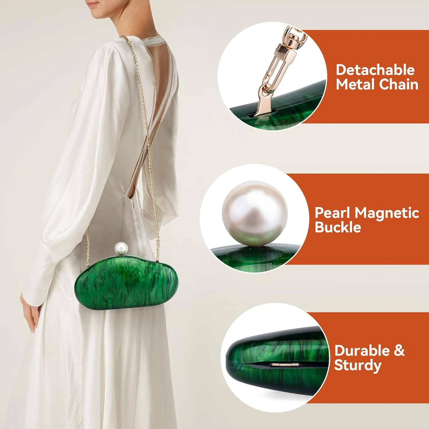 YYW Acrylic Evening Clutch Purses for Women Shell Marble Handbag Shoulder Bag with Pearl for Wedding Party Prom