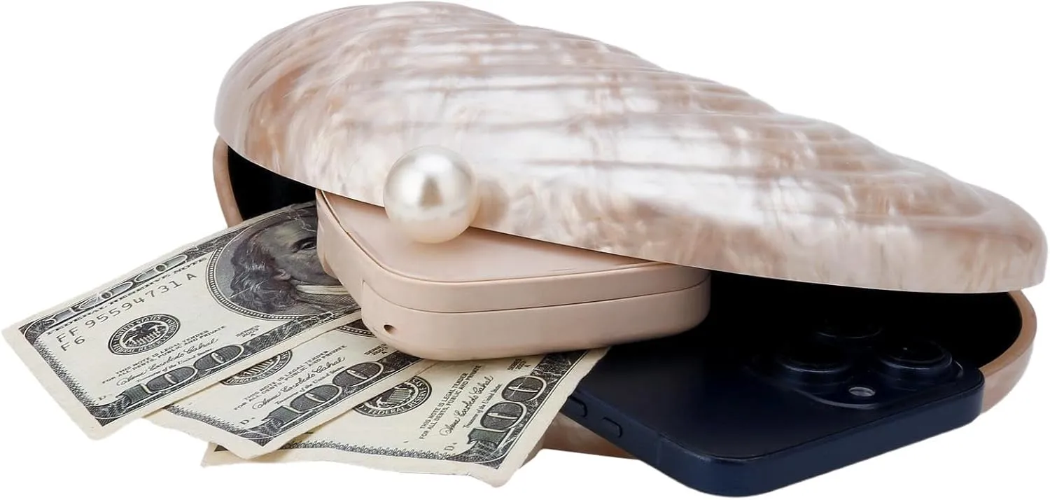 YYW Acrylic Evening Clutch Purses for Women Shell Marble Handbag Shoulder Bag with Pearl for Wedding Party Prom
