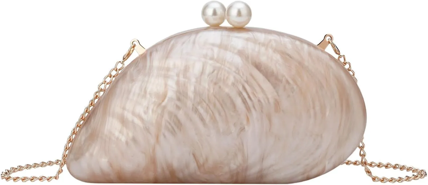 YYW Acrylic Evening Clutch Purses for Women Shell Marble Handbag Shoulder Bag with Pearl for Wedding Party Prom