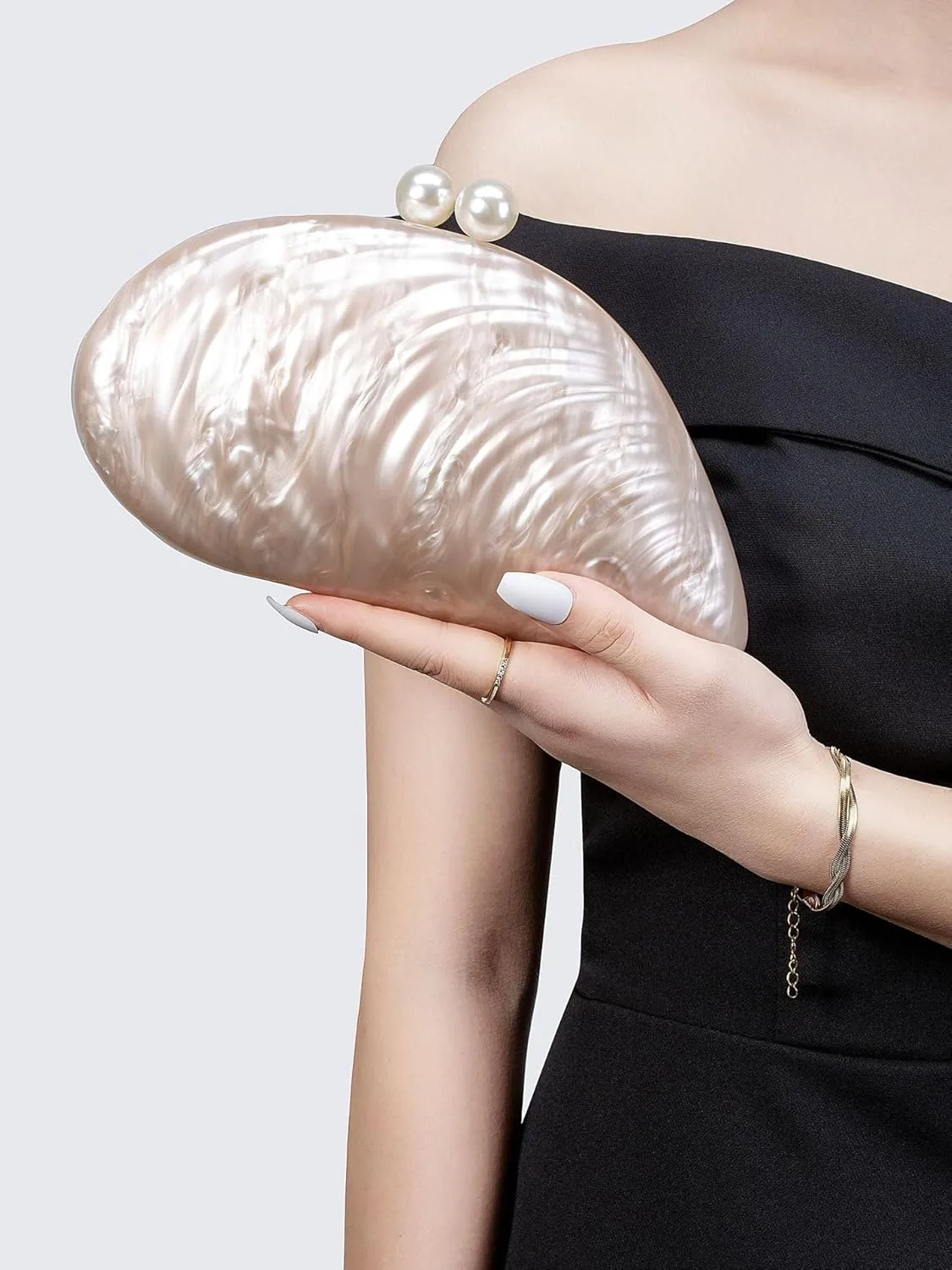 YYW Acrylic Evening Clutch Purses for Women Shell Marble Handbag Shoulder Bag with Pearl for Wedding Party Prom