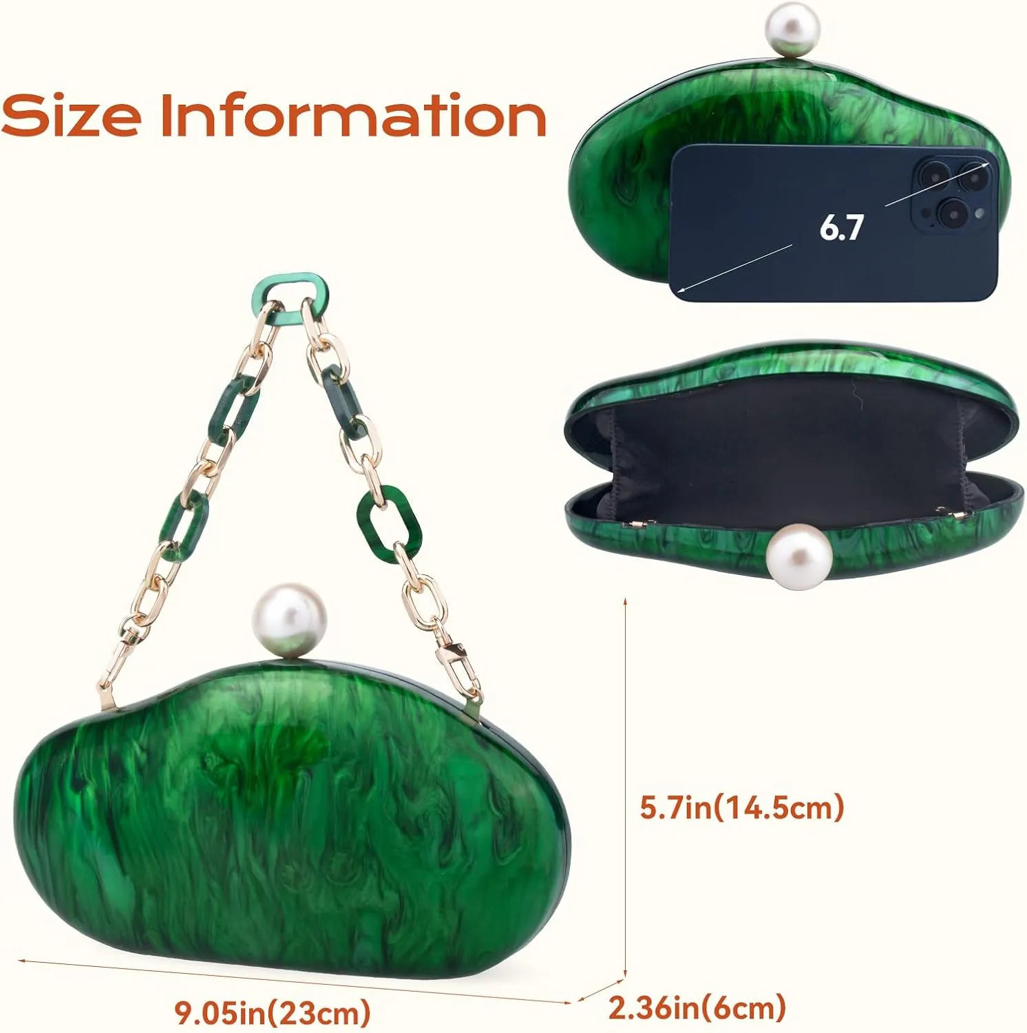 YYW Acrylic Evening Clutch Purses for Women Shell Marble Handbag Shoulder Bag with Pearl for Wedding Party Prom