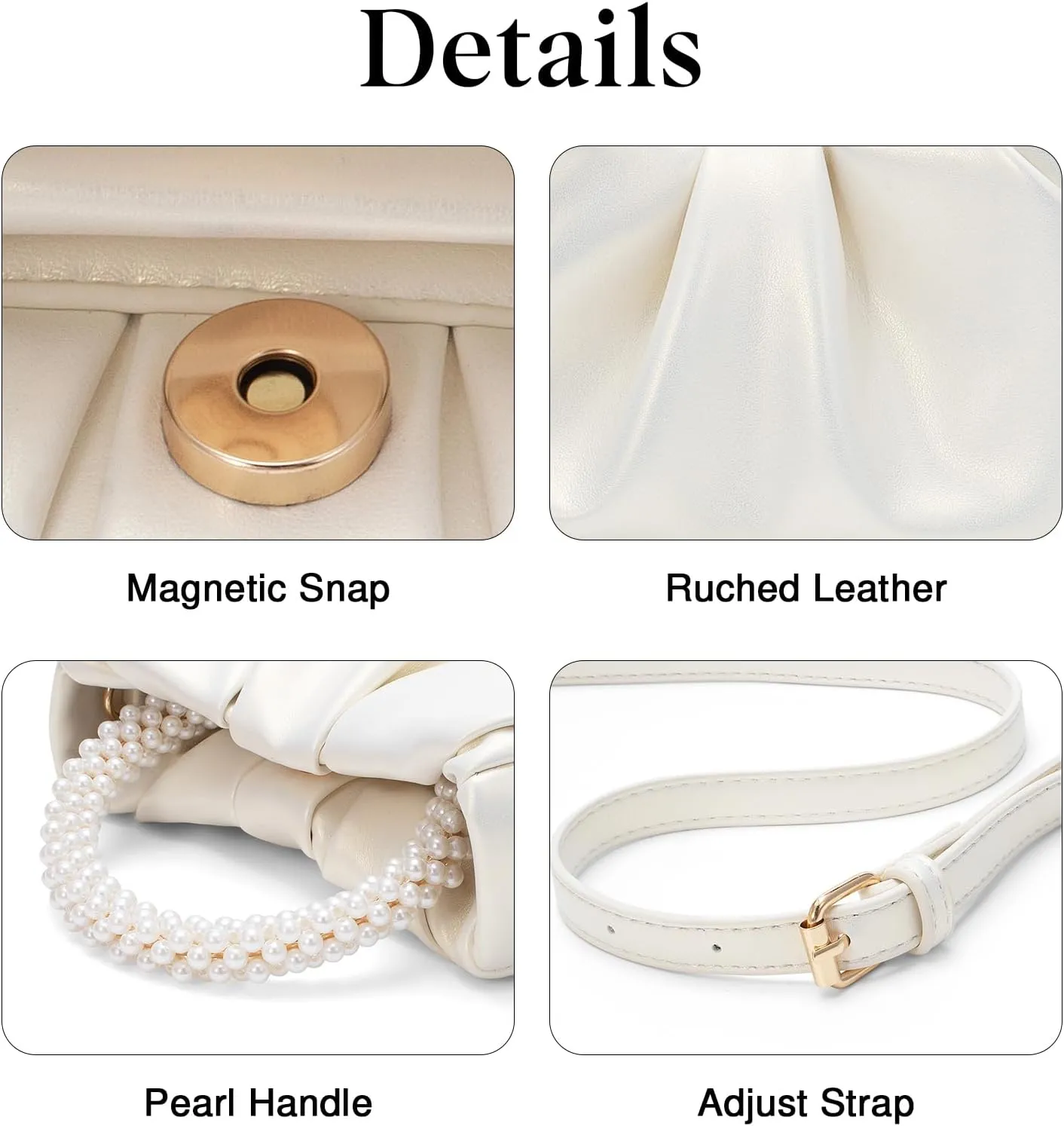 YYW Women Evening Bags Pearl Clutch Purses Soft Leather Ruched Crossbody Handbags for Wedding Bridal Party