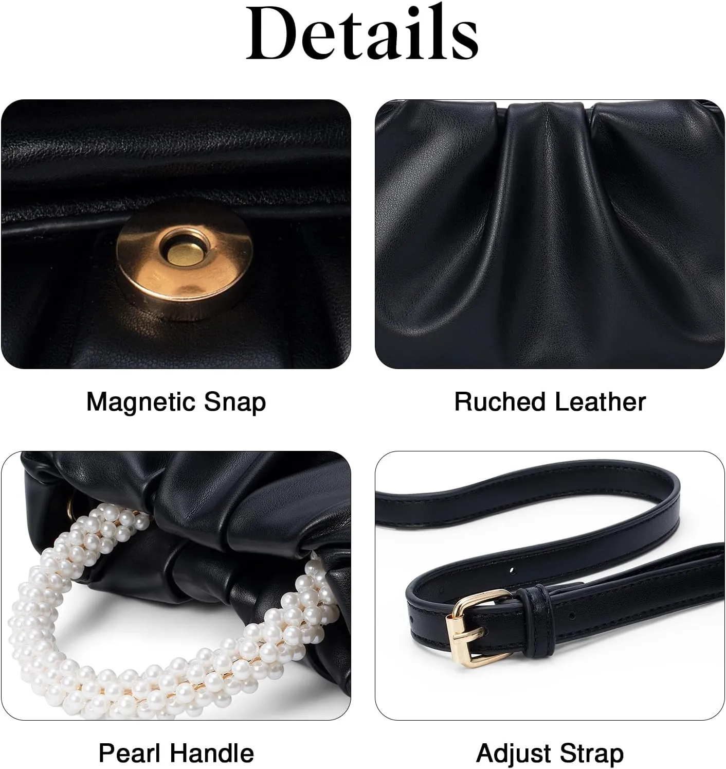 YYW Women Evening Bags Pearl Clutch Purses Soft Leather Ruched Crossbody Handbags for Wedding Bridal Party
