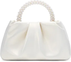 YYW Women Evening Bags Pearl Clutch Purses Soft Leather Ruched Crossbody Handbags for Wedding Bridal Party