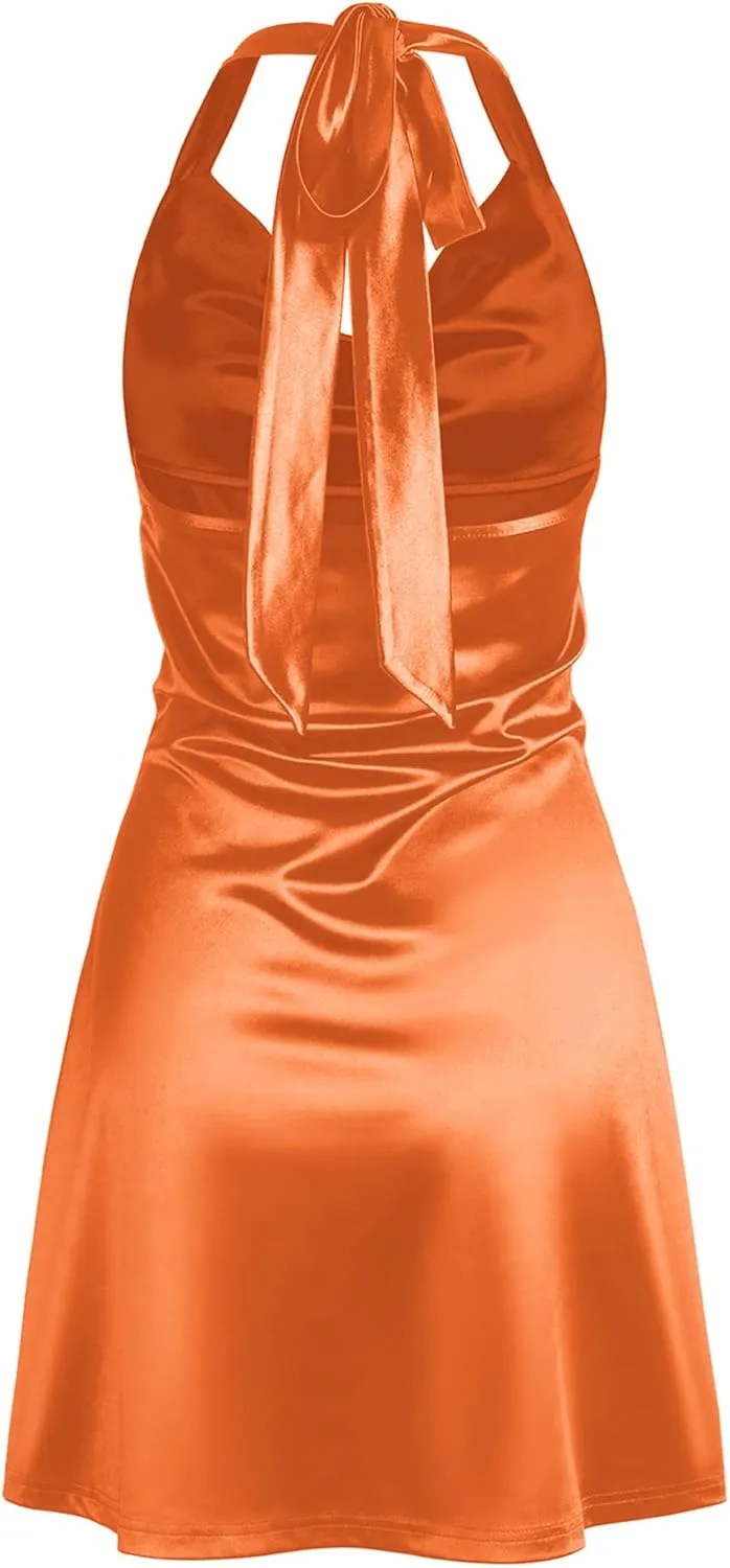 ZAFUL Women Halterneck Satin Mini Dress Sexy Cowl Neck Silky Party Cocktail Club Dress
