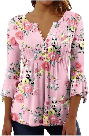 ZDRZK Tunic Tops for Women Loose Fit Dressy Casual 3/4 Bell Sleeve Button Down Henley Shirts Boho Floral Print Summer Blouses