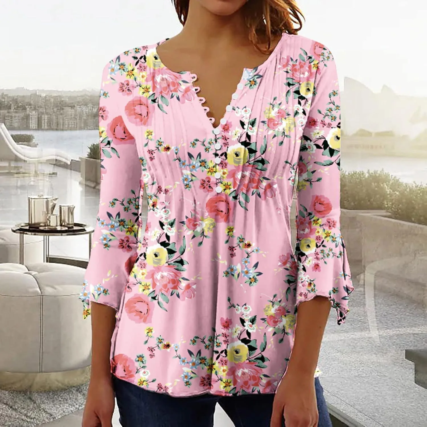 ZDRZK Tunic Tops for Women Loose Fit Dressy Casual 3/4 Bell Sleeve Button Down Henley Shirts Boho Floral Print Summer Blouses