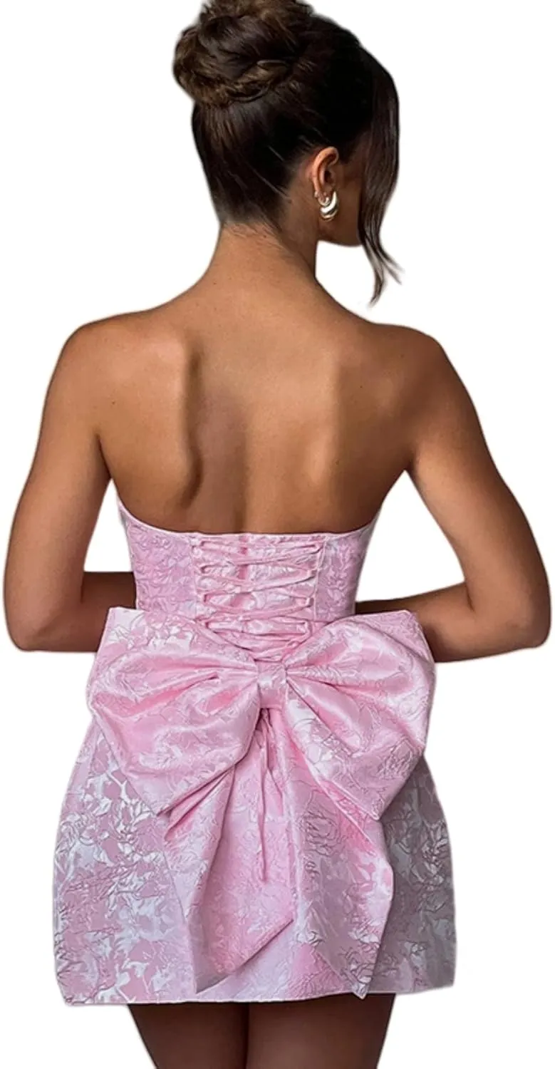 ZGMYC Jacquard Satin Homecoming Dress with Bow Elegant Strapless Mini Dress A Line Short Prom Dresses Party Gown