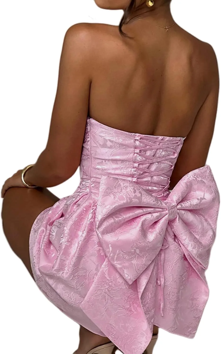 ZGMYC Jacquard Satin Homecoming Dress with Bow Elegant Strapless Mini Dress A Line Short Prom Dresses Party Gown
