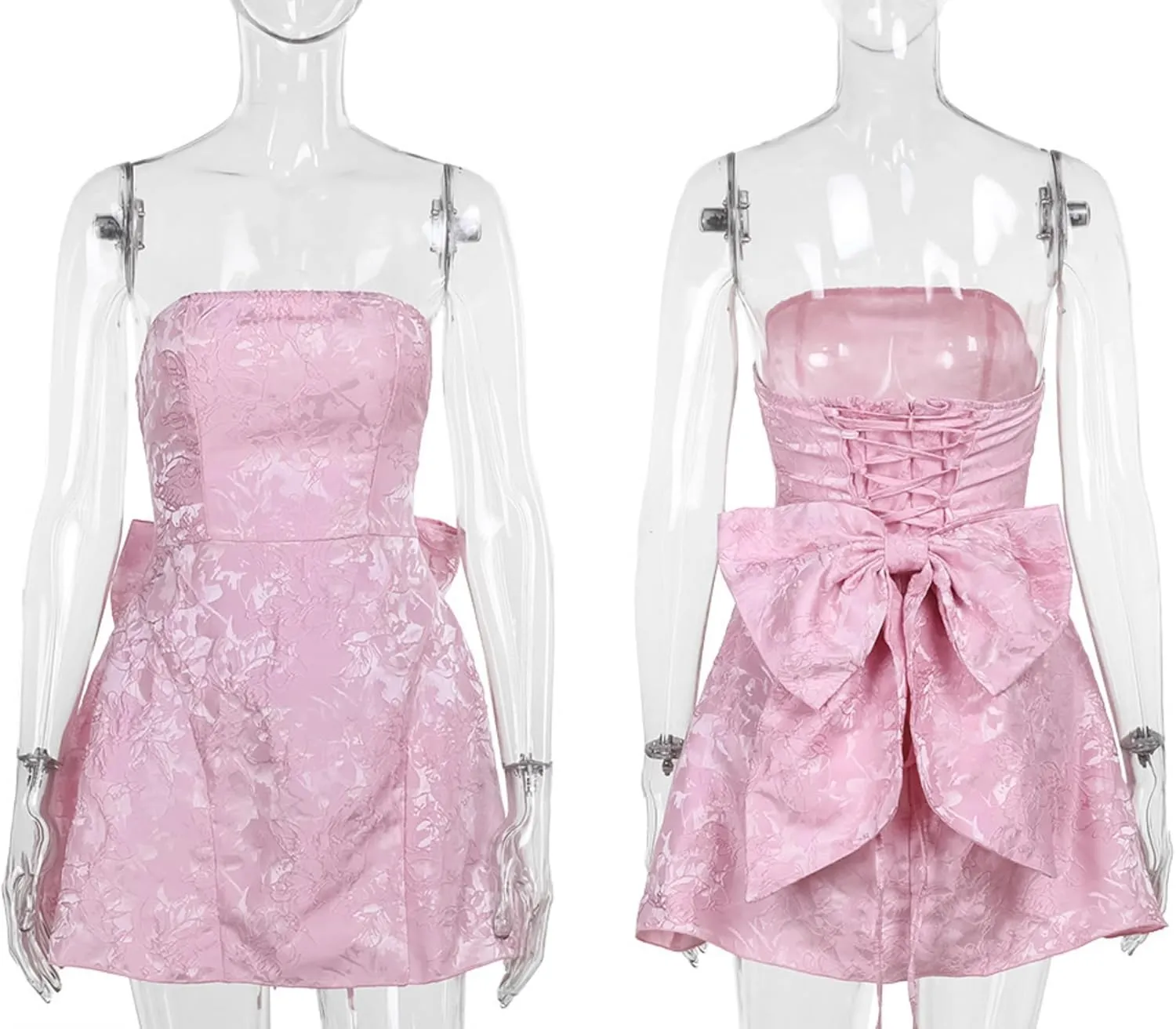 ZGMYC Jacquard Satin Homecoming Dress with Bow Elegant Strapless Mini Dress A Line Short Prom Dresses Party Gown