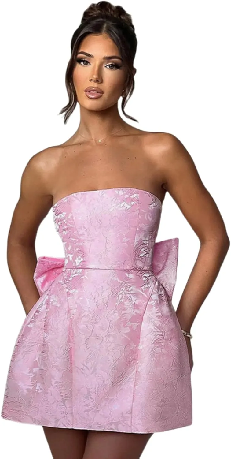 ZGMYC Jacquard Satin Homecoming Dress with Bow Elegant Strapless Mini Dress A Line Short Prom Dresses Party Gown