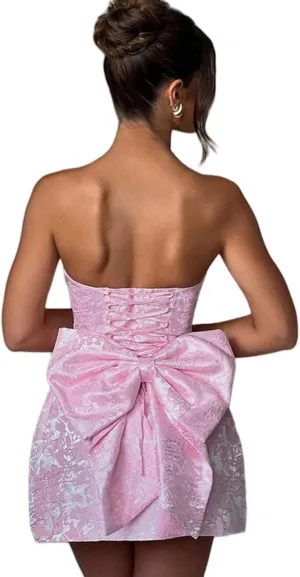 ZGMYC Jacquard Satin Homecoming Dress with Bow Elegant Strapless Mini Dress A Line Short Prom Dresses Party Gown