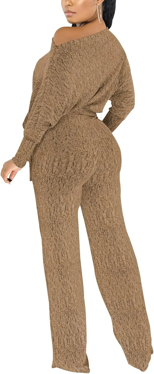 ZonJie Jumpsuits for Women Elegant Sexy Sparkly Sequin Off Shoulder Pants Long Sleeves Wide Leg Clubwear Rompers