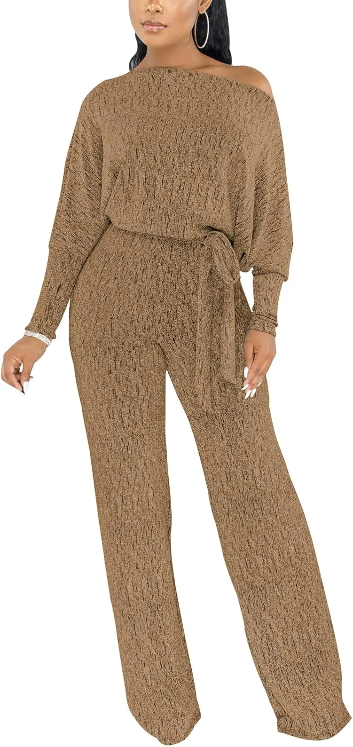 ZonJie Jumpsuits for Women Elegant Sexy Sparkly Sequin Off Shoulder Pants Long Sleeves Wide Leg Clubwear Rompers