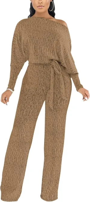 ZonJie Jumpsuits for Women Elegant Sexy Sparkly Sequin Off Shoulder Pants Long Sleeves Wide Leg Clubwear Rompers